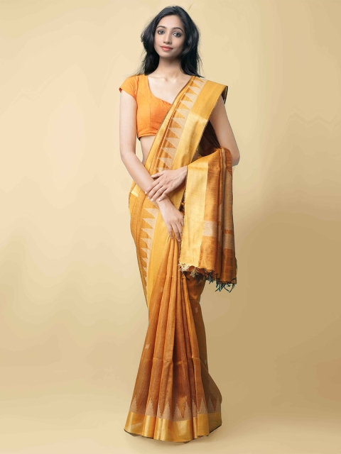 

Unnati Silks Brown & Gold-Toned Zari Linen Blend Mysore Silk Saree