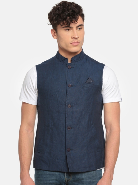 

Indian Terrain Men Navy Linen Solid Nehru Jacket, Navy blue