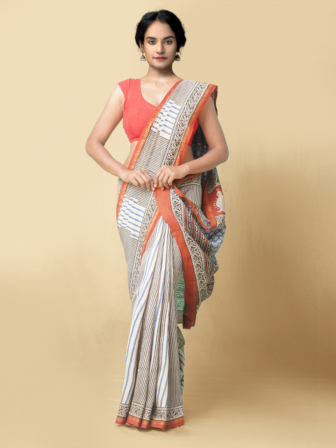 

Unnati Silks White & Black Ethnic Motifs Zari Silk Cotton Chanderi Saree
