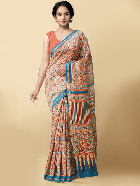 

Unnati Silks Red & Blue Ajrakh Printed Zari Silk Cotton Chanderi Saree