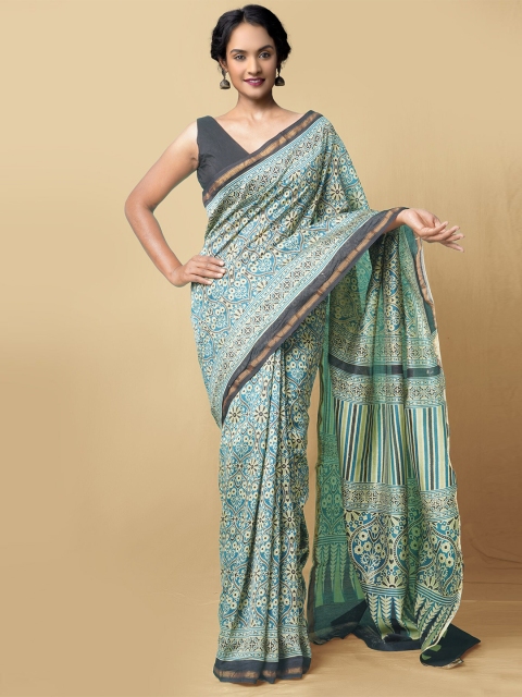 

Unnati Silks Green Floral Printed Ajrakh Chanderi Silk Cotton Saree