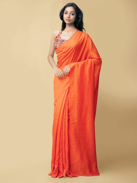

Unnati Silks Women Orange Plain Art Dupion Silk Saree