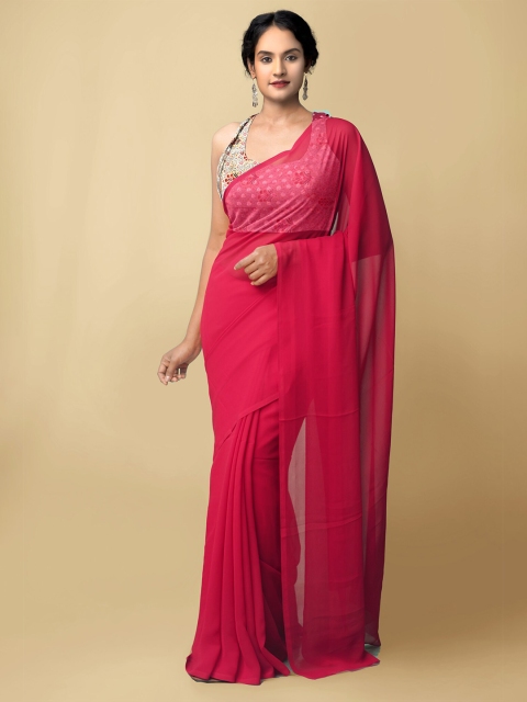 

Unnati Silks Red Solid Poly Georgette Saree