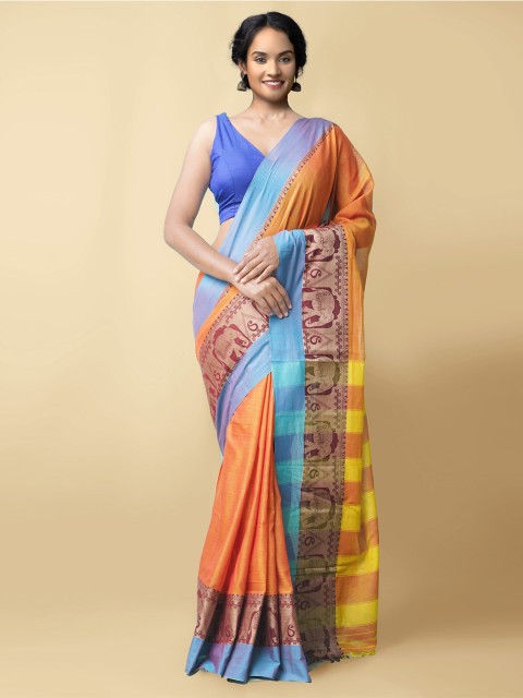 

Unnati Silks Orange & Blue Zari Pure Cotton Narayan Peth Saree
