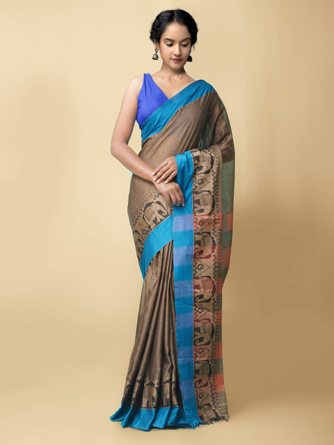 

Unnati Silks Brown & Blue Pure Cotton Narayan Peth Saree