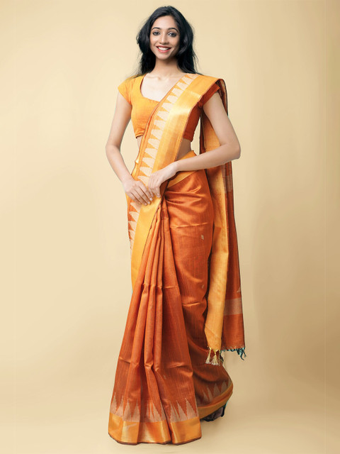 

Unnati Silks Orange & Gold-Toned Woven Design Linen Blend Mysore Silk Saree