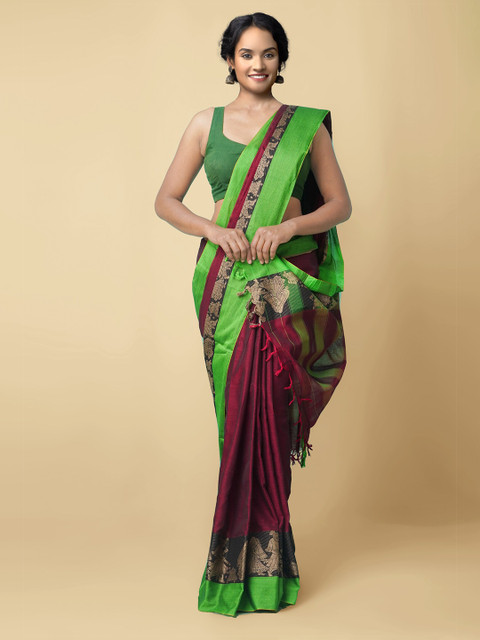 

Unnati Silks Green & Maroon Zari Linen Blend Mysore Silk Saree