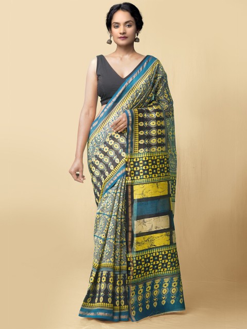 

Unnati Silks Women Blue & Yellow Pure Ajrakh Chanderi Sico Sustainable Saree
