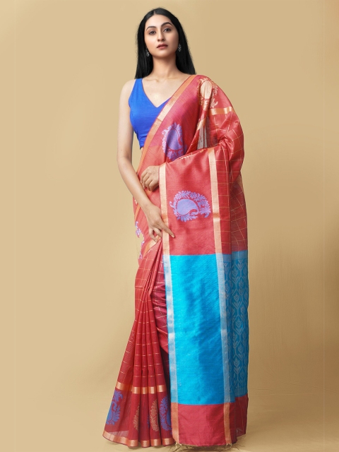 

Unnati Silks Red & Blue Woven Design Zari Linen Blend Mysore Silk Saree