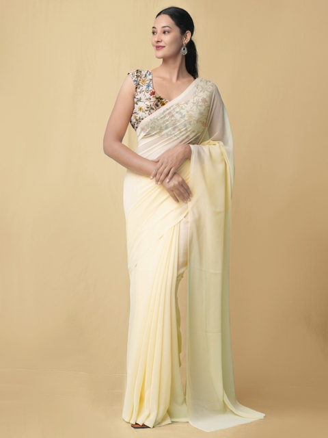 

Unnati Silks Women Cream-Coloured Plain Georgette Saree