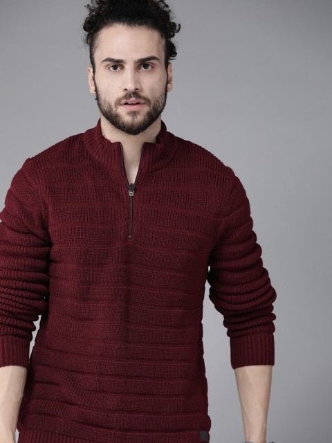 

The Roadster Lifestyle Co Men Maroon Ribbed Acrylic Regular Pullover