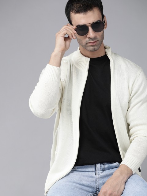 

The Roadster Lifestyle Co Men Off White Solid Acrylic Cardigan Sweater