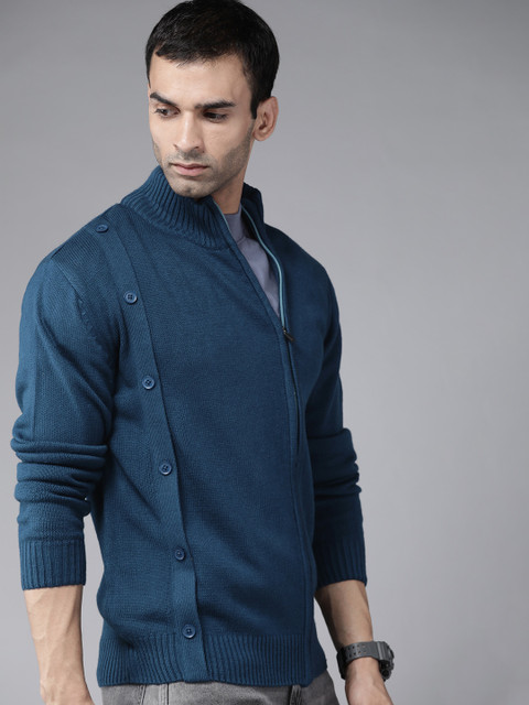 

The Roadster Lifestyle Co Men Teal Solid Acrylic Regular Cardigan with Button Detail