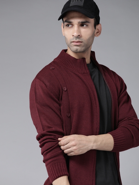 

The Roadster Lifestyle Co Men Maroon Solid Acrylic Regular Cardigan with Button Detail