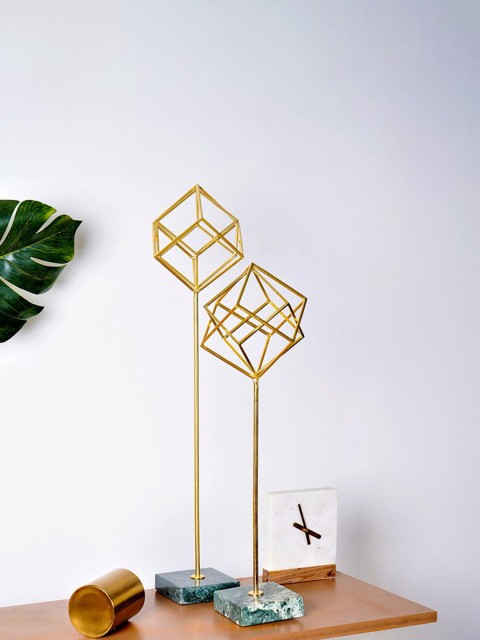 

THE ARTMENT Set Of 2 Gold-Toned & Green Art Deco Playful Cubes Table Decor Showpiece