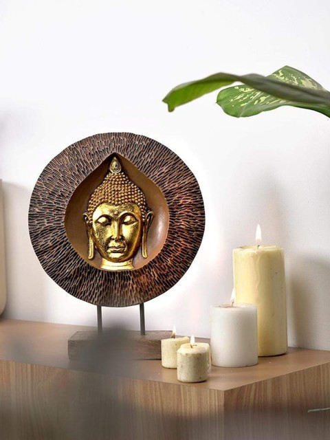 

THE ARTMENT Gold Toned Rustic Divine Leaf Buddha Engraving Showpiece