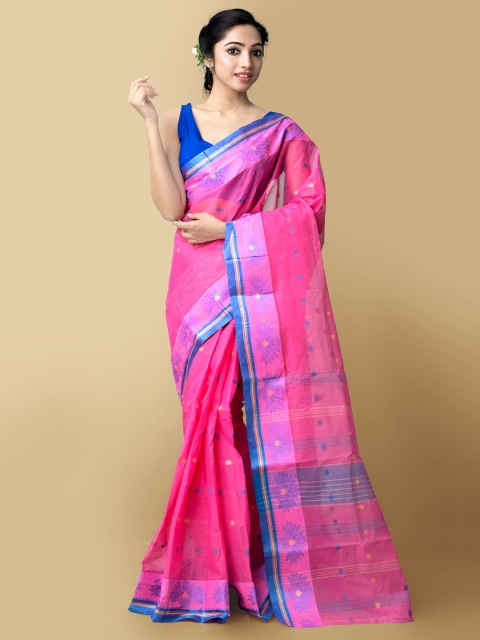 

Unnati Silks Women Pink & Blue Pure Handloom Bengal Tant Cotton Sustainable Saree