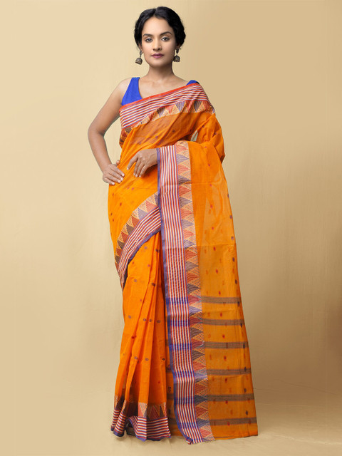 

Unnati Silks Orange & Blue Pure Cotton Taant Saree