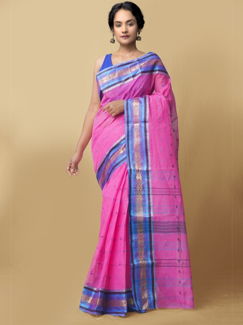 

Unnati Silks Pink & Blue Woven Design Pure Cotton Taant Saree