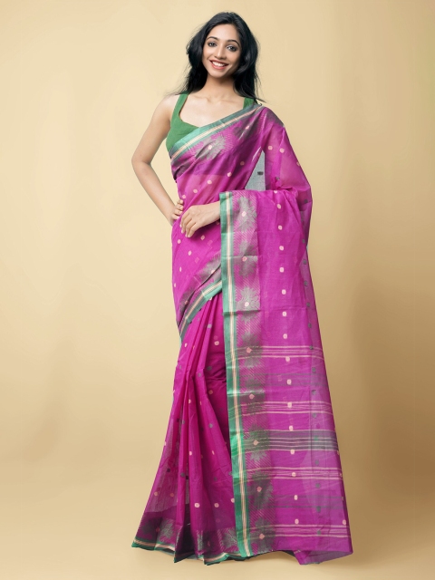 

Unnati Silks Purple & Green Woven Design Handloom Pure Cotton Taant Saree