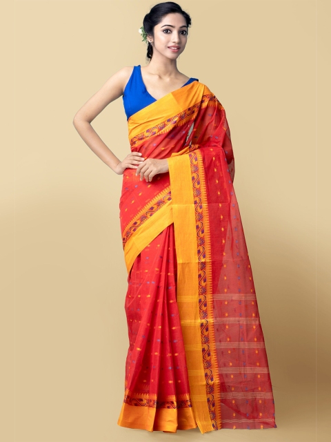 

Unnati Silks Red & Gold-Toned Woven Design Pure Cotton Taant Saree