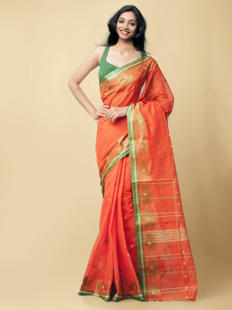 

Unnati Silks Orange & Green Woven Design Pure Cotton Taant Saree