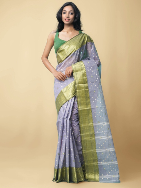 

Unnati Silks Grey & Green Woven Design Pure Cotton Taant Saree