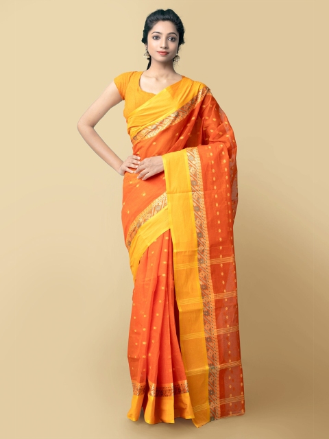 

Unnati Silks Orange & Yellow Ethnic Motifs Zari Pure Cotton Bengal Taant Saree