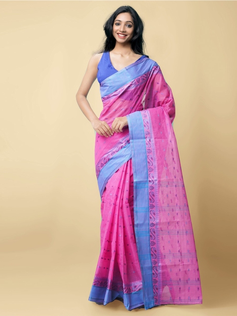 

Unnati Silks Women Pink & Blue Pure Handloom Bengal Tant Cotton Sustainable Saree