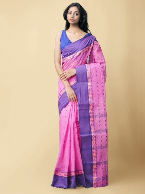 

Unnati Silks Women Pink & Blue Pure Handloom Bengal Tant Cotton Sustainable Saree