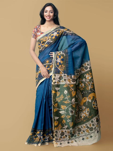 

Unnati Silks Blue & Black Kalamkari Pure Cotton Kanjeevaram Saree