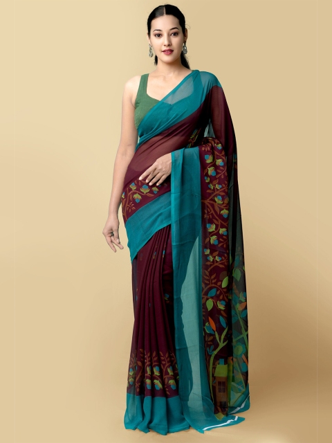 

Unnati Silks Maroon & Blue Floral Printed Poly Georgette Saree