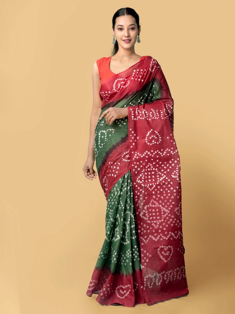 

Unnati Silks Green & Maroon Tie and Dye Pure Cotton Bandhani Saree