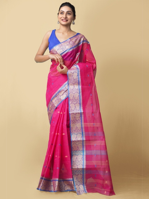 

Unnati Silks Pink & Gold-Toned Woven Design Pure Cotton Taant Saree