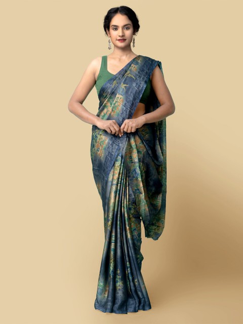 

Unnati Silks Navy Blue & Green Floral Art Silk Bhagalpuri Saree