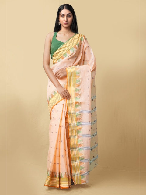 

Unnati Silks Peach-Coloured & Green Woven Design Pure Cotton Taant Saree