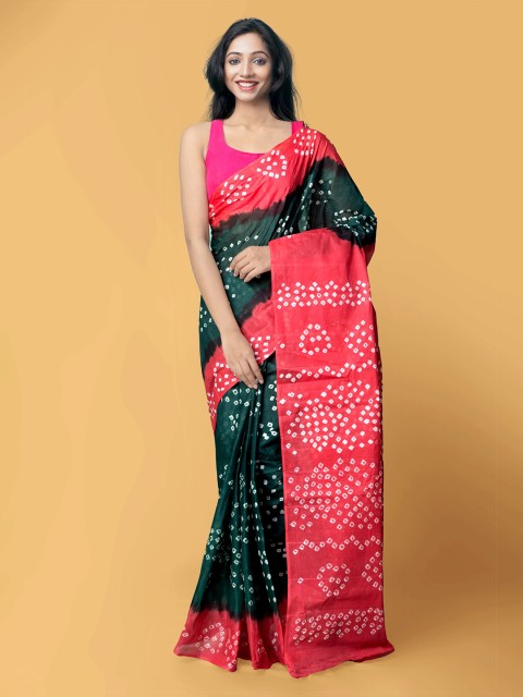 

Unnati Silks Green & Red Pure Cotton Bandhani Saree