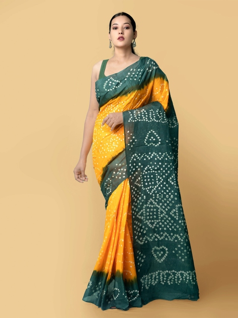 

Unnati Silks Yellow & Green Bandhani Printed Pure Cotton Bandhani Saree