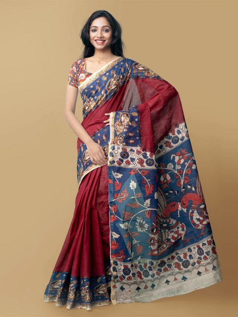 

Unnati Silks Red & Blue Kalamkari Pure Cotton Kanjeevaram Saree