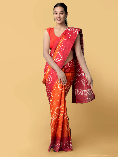 

Unnati Silks Rust & Red Pure Cotton Bandhani Saree