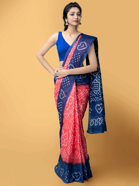 

Unnati Silks Pink & Blue Bandhani Pure Cotton Saree
