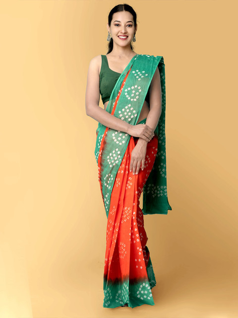 

Unnati Silks Women Orange & Green Handloom Sustainable Pure Bandhani Cotton Saree