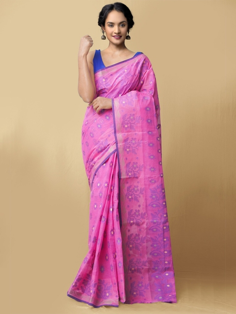 

Unnati Silks Pink & Blue Floral Pure Cotton Taant Saree