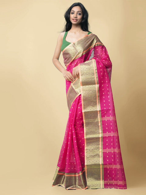 

Unnati Silks Pink & Green Woven Design Pure Cotton Taant Saree