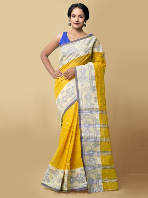 

Unnati Silks Yellow & White Woven Design Pure Cotton Taant Saree