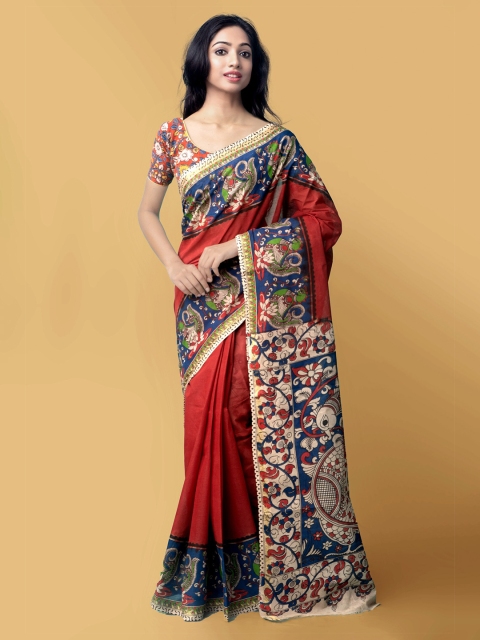 

Unnati Silks Red & Blue Kalamkari Pure Cotton Kanjeevaram Saree