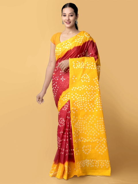 

Unnati Silks Maroon & Yellow Bandhani Printed Pure Cotton Saree