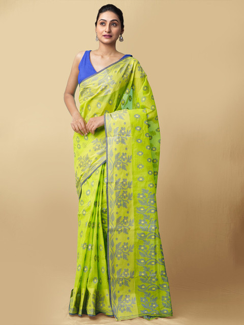 

Unnati Silks Green & Grey Woven Design Pure Cotton Taant Saree