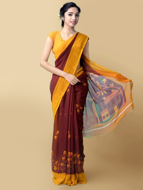 

Unnati Silks Maroon & Yellow Floral Art Silk Block Print Saree