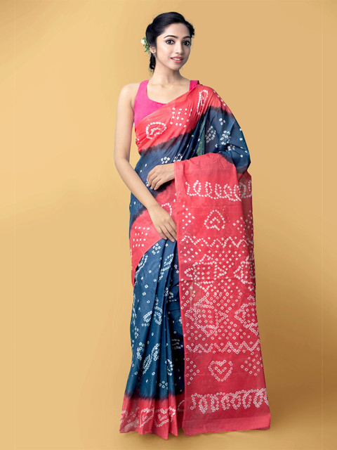 

Unnati Silks Blue & Red Bandhani Pure Cotton Bandhani Saree